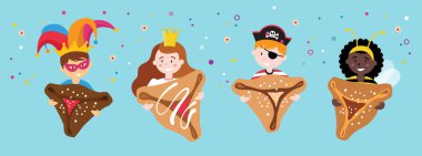Mutlu Purim 'ler, Yahudi bayramı. Kostüm afişi daveti, ellerinde tatlı geleneksel pastalar tutan bir grup kostümlü çocuk.