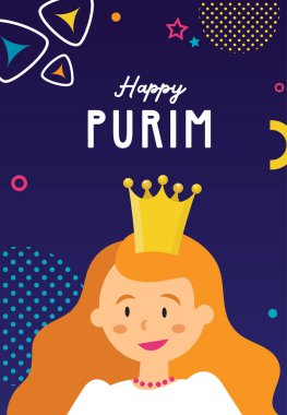 Kostüm kartı Kraliçe Esther kostümlü sevimli kızı davet ediyor. Kostüm partisi. Purim, Karnaval ya da doğum günü partisi için şablon kartı.