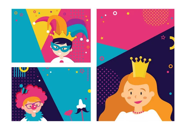 Juego de tarjetas de invitación para fiesta de disfraces. Niños con disfraces diferentes. Tarjeta de Plantilla para Purim, Carnaval o fiesta de cumpleaños . — Vector de stock