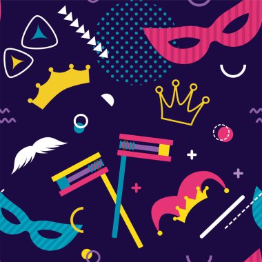 Purim karnavalının kusursuz bir düzeni var. Yahudi sembolleri, maskeleri ve kostümleri olan vektör geçmişi. Parti daveti, tebrik kartı ya da afiş kalıbı