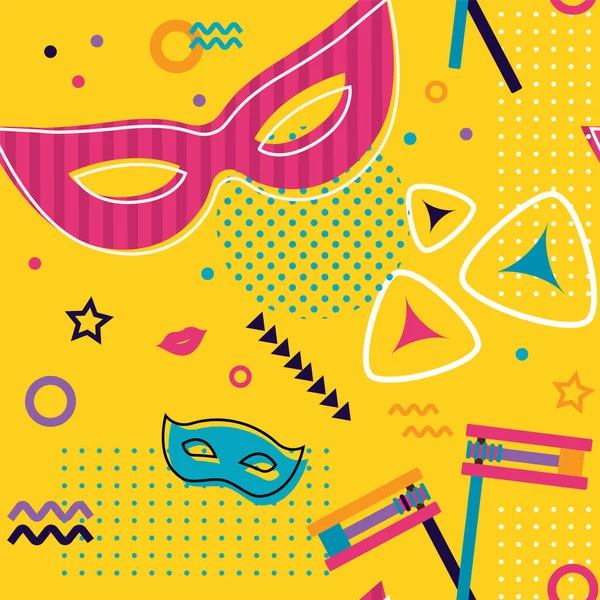 Purim carnaval naadloos patroon. Vector achtergrond met joodse symbolen, maskers en kostuums. patroon voor feestuitnodiging, wenskaart of banner — Stockvector