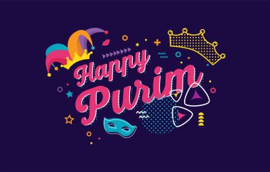 Purim 'in kutlu olsun. Yahudi bayramı geçmişi ve karnaval pankartı, karnaval maskeleri ve geleneksel Yahudi eşyaları. İbranice Purim kutlu olsun. .