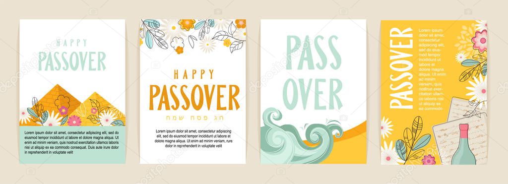 Passover greeting car set. seder pesach initation, greeting card template or holiday flyer. happy passover in English and Hebrew