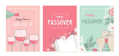 Hamursuz Bayramı seti. Seder Pesach davetiyesi, tebrik kartı şablonu veya tatil broşürü. İngilizce ve İbranice Hamursuz Bayramın kutlu olsun..
