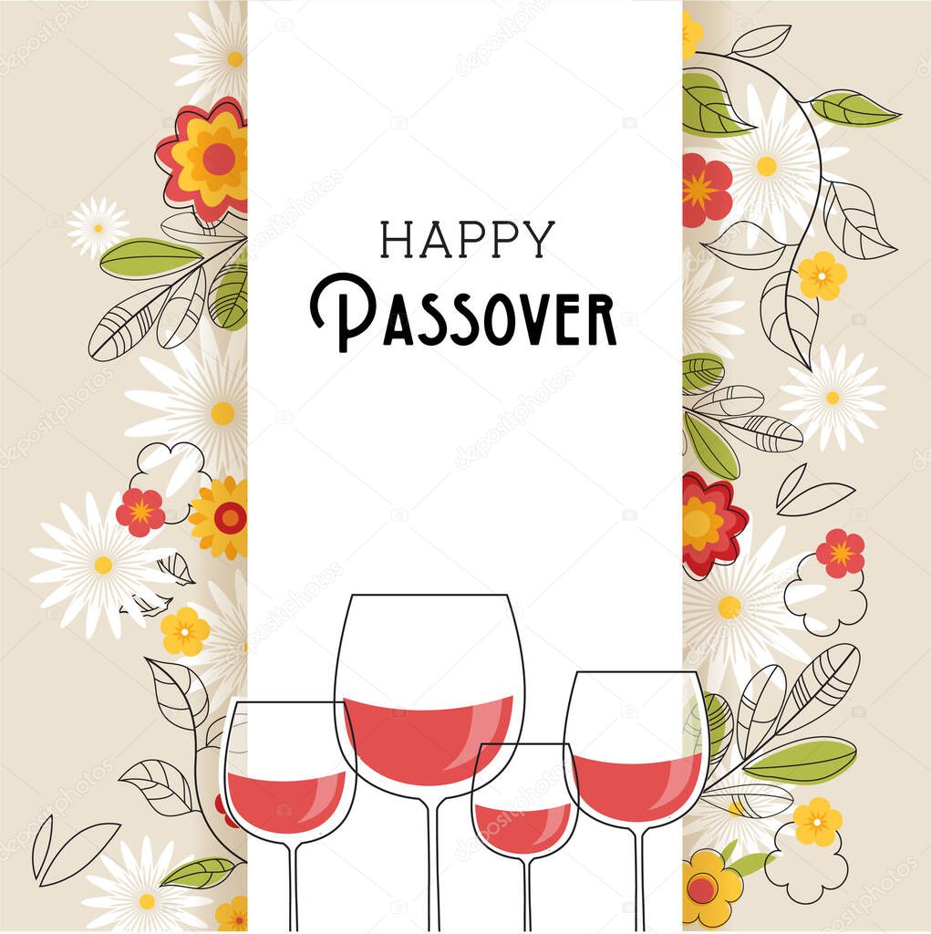 Pesah celebration concept , jewish Passover holiday. Greeting card with four wine glasses and spring flowers