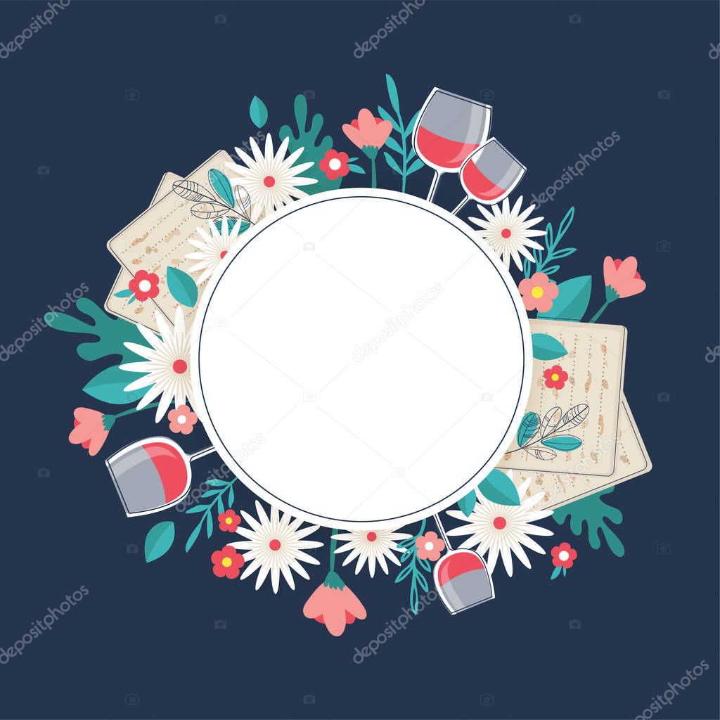 Pesah celebration concept , jewish Passover holiday. Greeting cards with traditional four wine glasses, Matza and spring flowers.