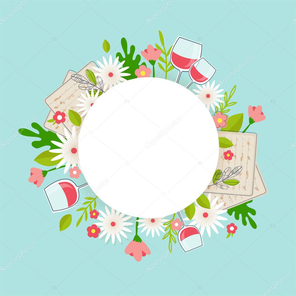 Pesah celebration concept , jewish Passover holiday. Greeting cards with traditional four wine glasses, Matza and spring flowers.