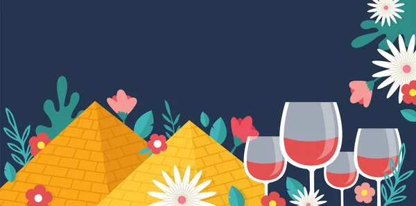 Pessach-Feier, jüdischer Pessach-Feiertag. Jüdisches Feiertagsbanner mit traditionellen vier Weingläsern, ägyptischen Pyramiden und Frühlingsblumen. Vektorillustration — Stockvektor