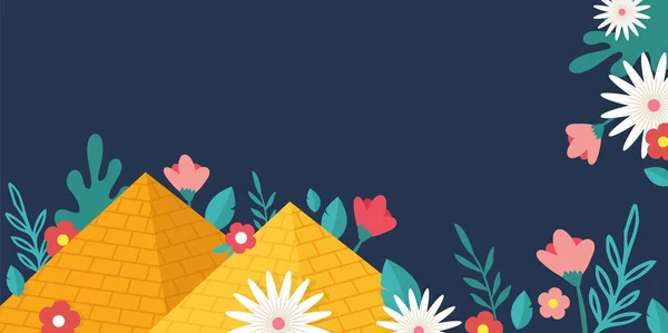 Vacances de Pâque juive, concept de célébration de Pesah. Bannière juive avec pyramides égyptiennes comme un signe pour l'exode des Juifs d'Egypte et fleurs de printemps. illustration vectorielle — Image vectorielle