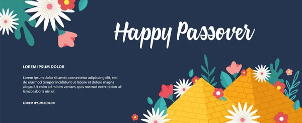 Jewish Passover holiday,Pesah celebration concept. Jewish banner with Egypt pyramids as a sign for Jew exodus from Egypt and spring flowers. vector illustration — Stock Vector