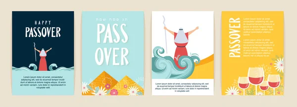 Conjunto de tarjetas de felicitación de Pascua. Seder pesaj invitación, plantilla de tarjeta de felicitación o folletos de vacaciones. Moisés mar separado para las vacaciones de Pascua, conjunto de vectores de diseño plano — Vector de stock