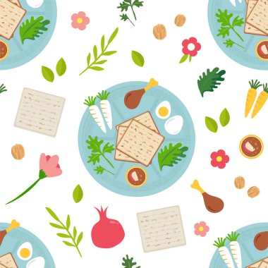Pesah celebration concept , jewish Passover holiday seamless pattern. Traditional Passover icons and symbols , four wine glasses, Matza, spring flowers and more. vector Pesah celebration concept , jewish Passover holiday seamless pattern. Traditional Passover icons and symbols , four wine glasses, Matza, spring flowers and more. vector