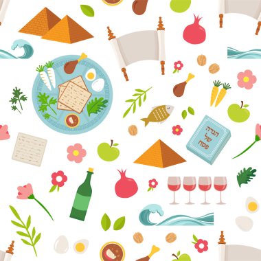 Pesah celebration concept , jewish Passover holiday seamless pattern. Traditional Passover icons and symbols , four wine glasses, Matza, spring flowers and more. vector Pesah celebration concept , jewish Passover holiday seamless pattern. Traditional Passover icons and symbols , four wine glasses, Matza, spring flowers and more. vector