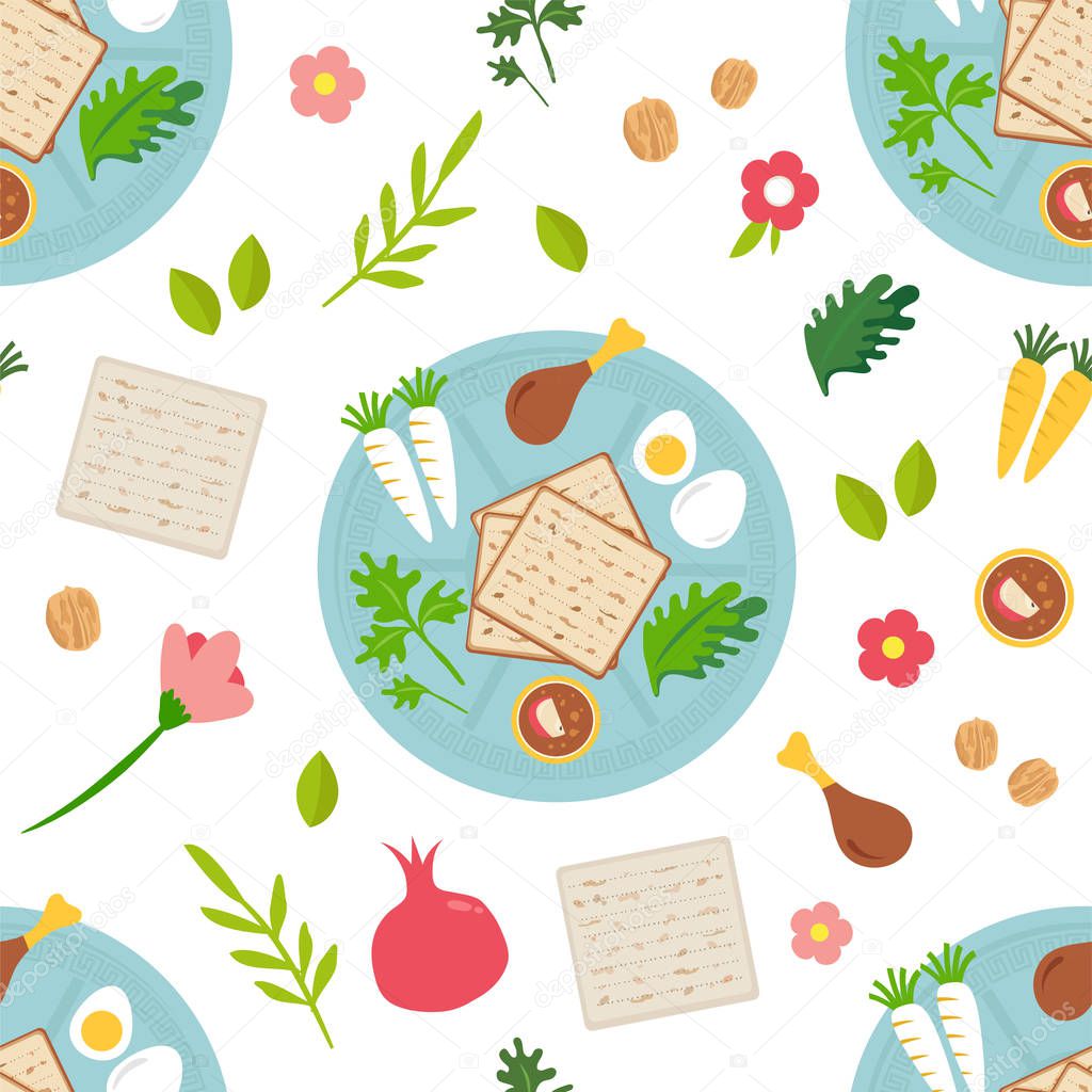 Pesah celebration concept , jewish Passover holiday seamless pattern. Traditional Passover icons and symbols , four wine glasses, Matza, spring flowers and more.