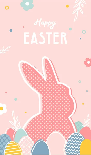 Glad påsk. gratulationskort eller affischer med kanin, vårblommor och påskägg. Egg jakt affisch mall. Vårens bakgrund. vektor illustration — Stock vektor