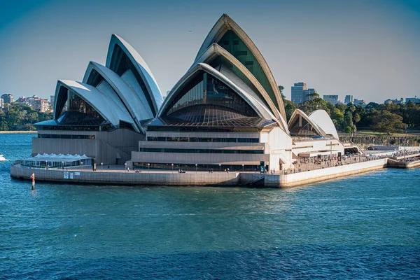 Sydney Opera Koyu 'ndan güzel bir cephe manzarası. Güneş ışığıyla aydınlanıyor.