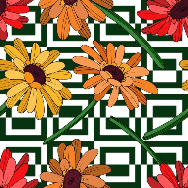 Vektör Gerbera çiçekli botanik çiçeği. Siyah ve beyaz oymalı