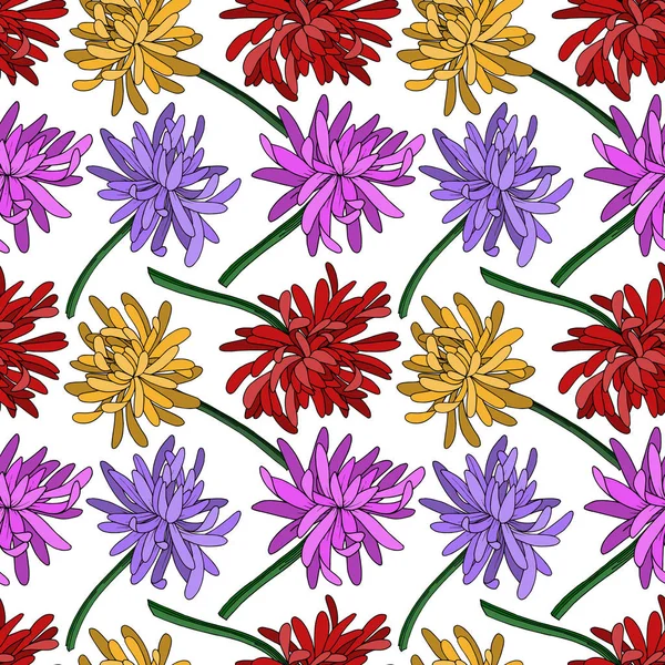 Vektor krysantemum blommig botanisk blomma. Svart och vit graverad bläckkonst. Sömlös bakgrund mönster. — Stock vektor
