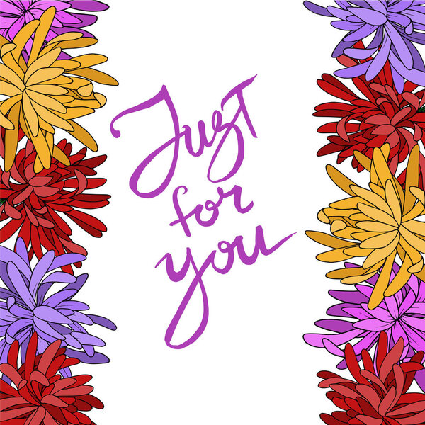 Vector Chrysanthemum floral botanical flower. Black and white engraved ink art. Frame border ornament square.