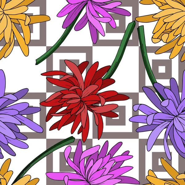 เวกเตอร์ ไครซานเทมัม ดอกไม้พฤกษศาสตร์ ศิลปะหมึกแกะสลักสีดําและขาว รูปแบบพื้นหลังที่ไร้รอยต่อ . ภาพเวกเตอร์สต็อกที่ปลอดค่าลิขสิทธิ์