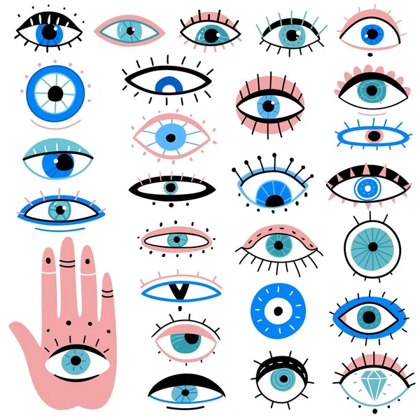 Evil eyes. Hand drawn various talismans, different shapes mystic elements, luck occult amulet, magic alchemy sketch eye tattoo vector symbols Stock Vector