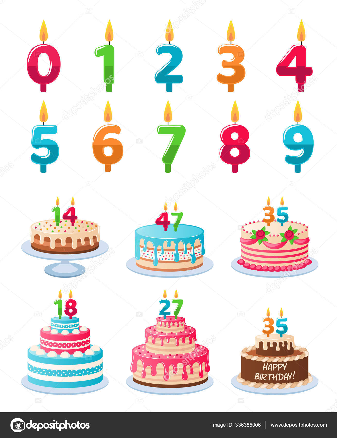 Cakes With Candle Numbers Anniversary Birthday Cake With Candles Colorful Delicious Desserts Celebration Chocolate Cupcakes Vector Set Vector Image By C Yummybuum Vector Stock