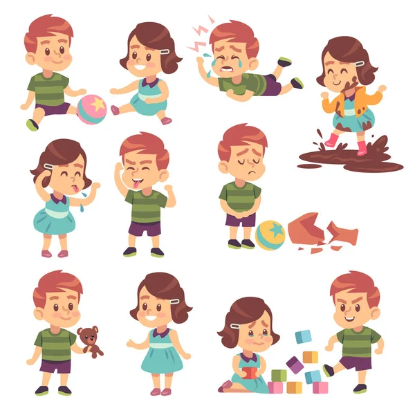 Good and bad kids. Playing peacefully and fighting, naughty and obedient children, conflict and funny boys and girls cartoon vector characters Vector Graphics