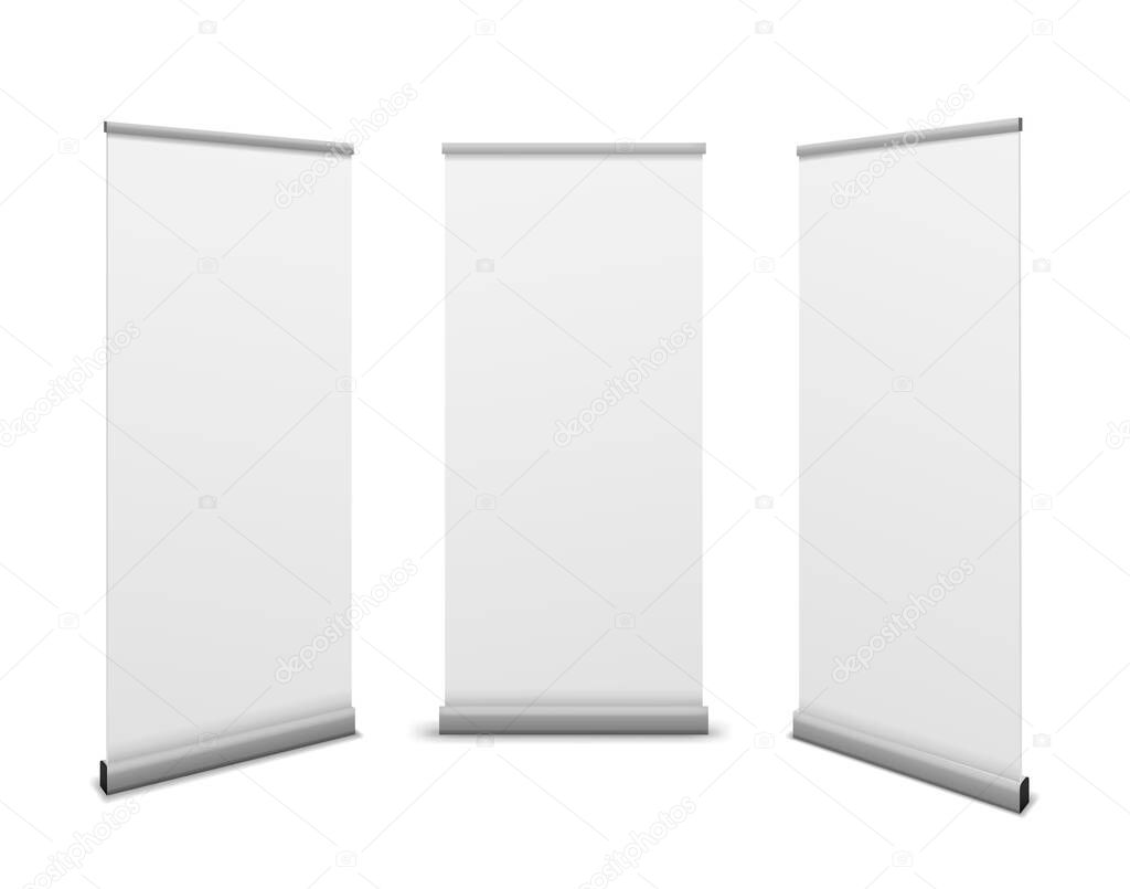 Download Roll Up Banners Advertising Billboard Promotional White Poster Mockup Empty Info Stand Template Exhibition Or Conference Presentation Vector Set Premium Vector In Adobe Illustrator Ai Ai Format Encapsulated Postscript PSD Mockup Templates