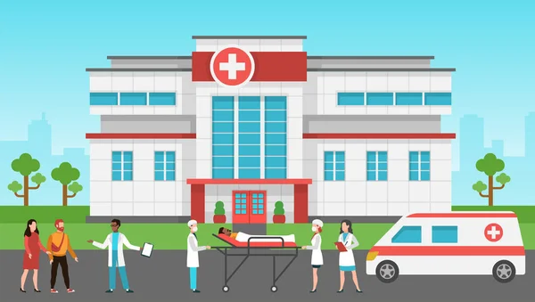 Hospital exterior. Panorama medical building, health centre. Emergency  service, ambulance car, patients and doctor vector healthcare concept -  Stock Image - Everypixel