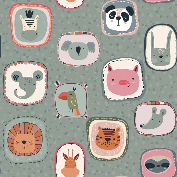 Vector seamless pattern with cute animal faces in frames. Simple scandinavian style.