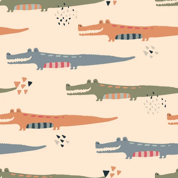 Vector seamless pattern with cute funny crocodiles in abstract scandinavian style Vector Graphics