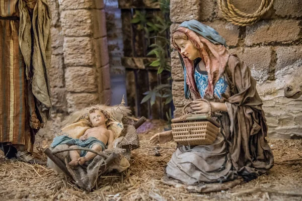 Virgen María Hombres Sabios Nacimiento Del Niño Jesús Entregando Regalos — Foto de Stock