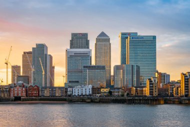 Canary Wharf in London at sunset clipart
