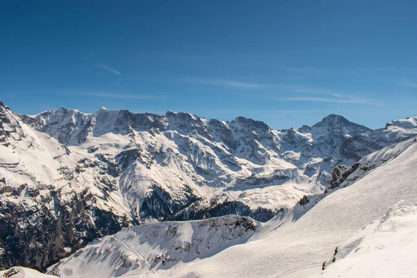 Schweizer Berggipfel nach Schneefall mit Panoramablick auf Murren-Jungfrau-Skigebiet. — Stockfoto