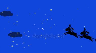 Noel Baba ve gökyüzünde uçan onun reindeers. Siluet çizgi film animasyon. 