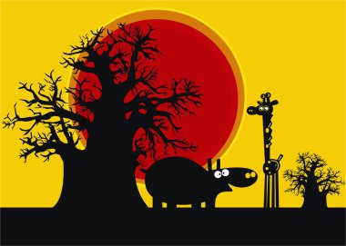 Afrika suaygırlarının komik siluetleri ve sarı gökyüzünde zürafa.