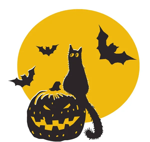 Halloween Pumpa Katt Och Fladdermöss — Stockfoto