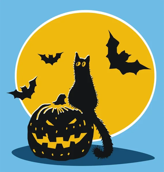 Halloween Pumpa Katt Och Fladdermöss — Stockfoto