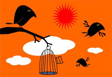 Kuşların ve kafesin el çizimi çizimi çizimi