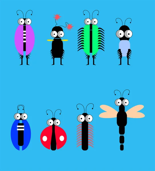 蓝色背景的一组昆虫 — 图库照片