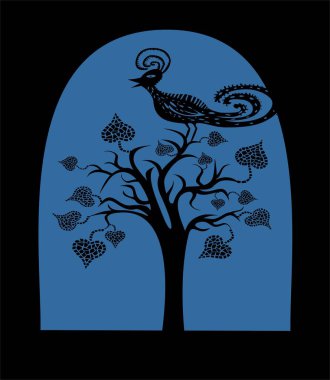 Pencere resimlerinde ağaç ve kuş