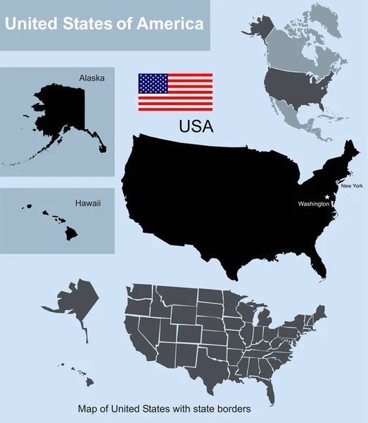 Mapa Stanów Zjednoczonych Granicami Państwowymi Tym Alaska Hawaje — Zdjęcie stockowe