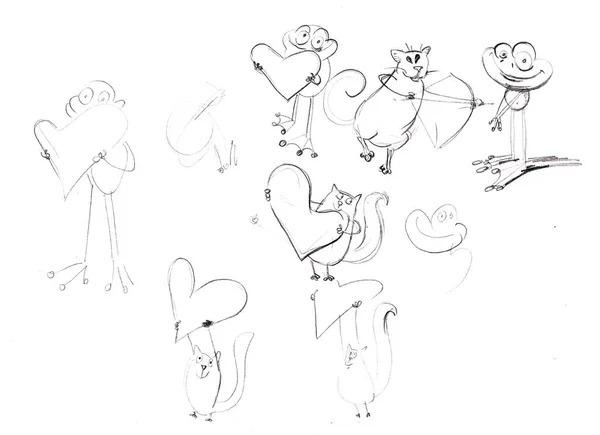 Hand Drawn Doodle Illustration Animals Hearts — Stock Photo, Image
