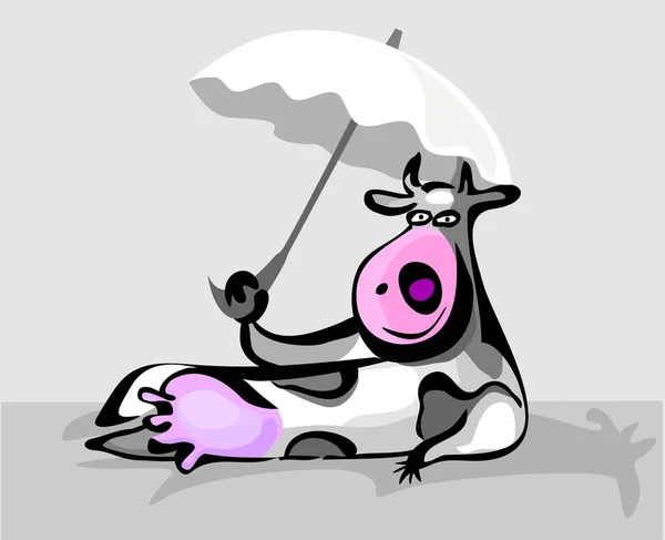 Funny cartoon cow with umbrella illustration