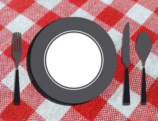 用叉子 刀子和勺子在格子桌布上的空盘子 — 图库照片