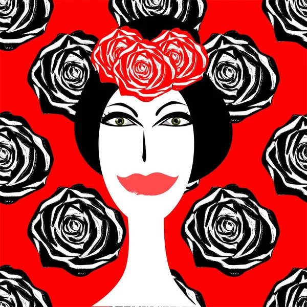 Portrait of beautiful young woman with flowers in her hair. Vector cartoon illustration. Background pattern with roses