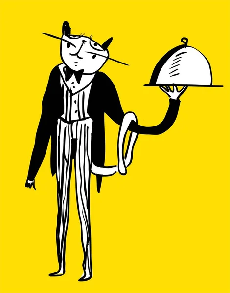 Illustration Cartoon Cat Waiter Character — Stock Photo, Image