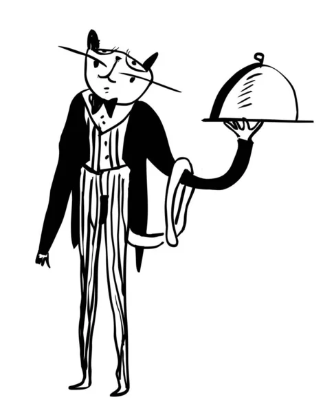 Απεικόνιση Ενός Χαρακτήρα Cartoon Σερβιτόρου Γάτα — Φωτογραφία Αρχείου
