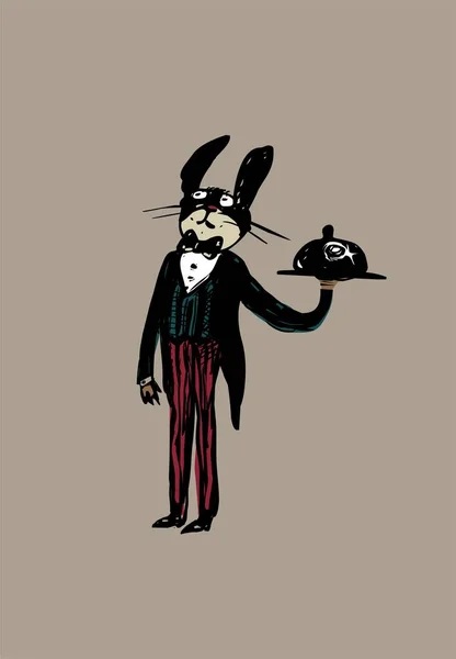 Cartoon Drawing Funny Rabbit Waiter Dressed Tuxedo — Stock Photo, Image