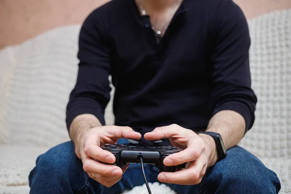 Man Plays Video Games Joystick His Hands — Stock Photo, Image